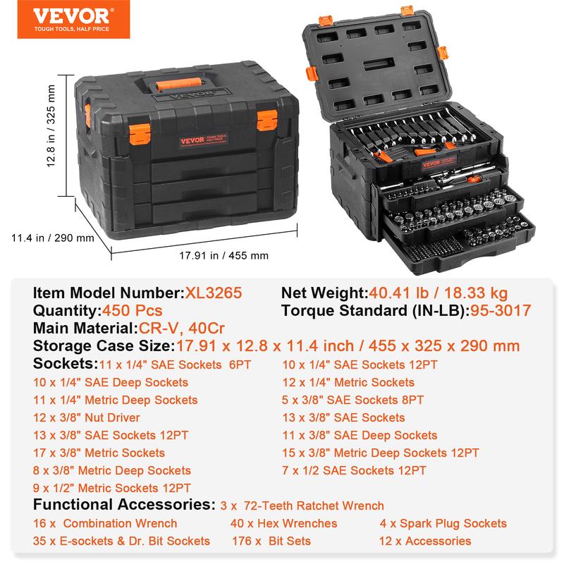 VEVOR Mechanics Tool Set and Socket Set, 1/4" 3/8" 1/2" Drive Deep and Standard Sockets, 450 Pcs SAE and Metric Mechanic Tool Kit with Bits, Hex Wrenches, Combination Wrench, Accessories, Storage Case
