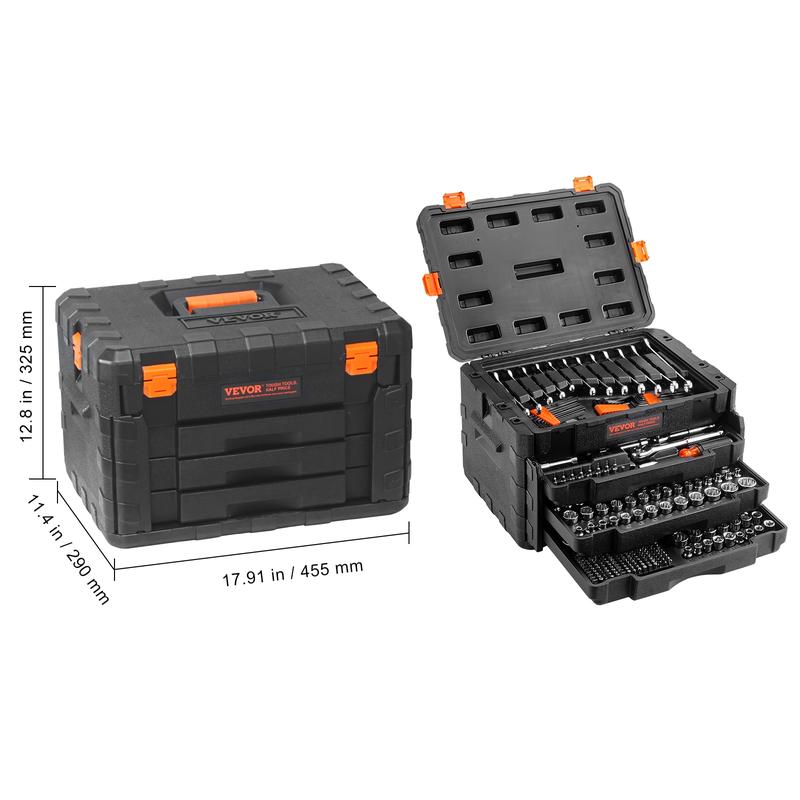 VEVOR Mechanics Tool Set and Socket Set, 1/4" 3/8" 1/2" Drive Deep and Standard Sockets, 450 Pcs SAE and Metric Mechanic Tool Kit with Bits, Hex Wrenches, Combination Wrench, Accessories, Storage Case